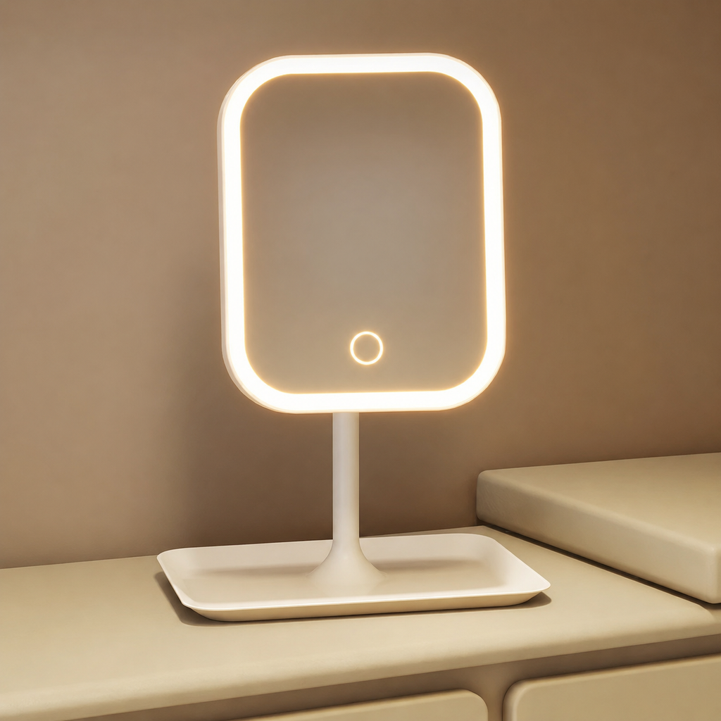 Rectangular vanity mirror with LED lighting on a beige surface.