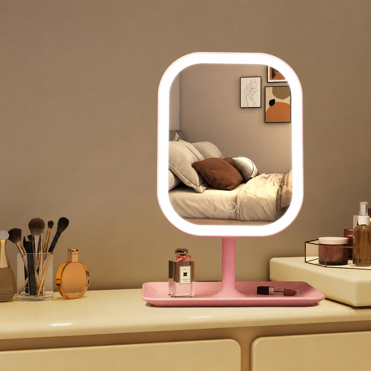 Makeup mirror with LED lights on a vanity table with various items.