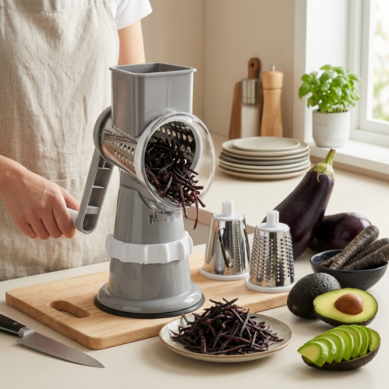 A kitchen scene showing a gray manual food grater in use, with a person's hand and torso visible pushing a dark vegetable into the grinder. The setup includes additional small metal graters, a cutting board, knife, plate of shredded vegetable, eggplant, avocado, and sliced avocado on a countertop near a window.