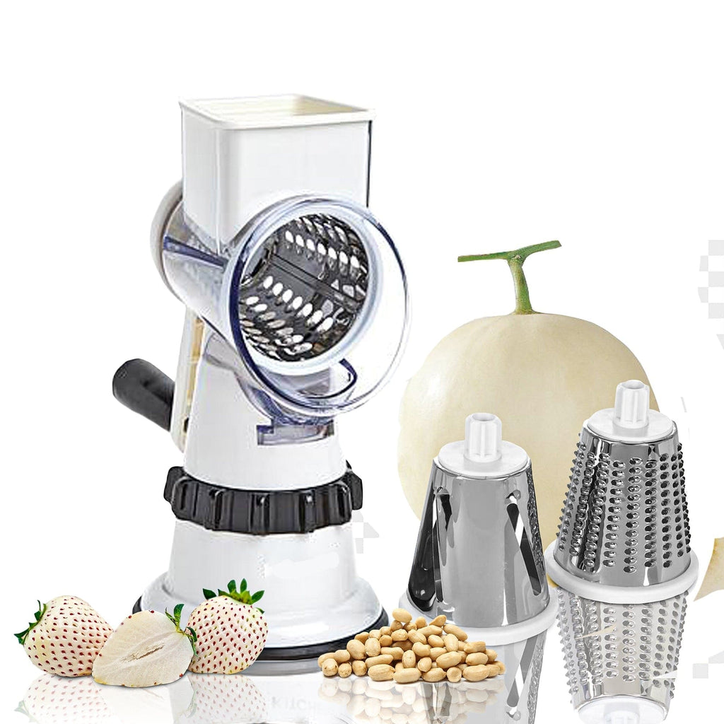 Manual rotary cheese grater with attachments on a white background