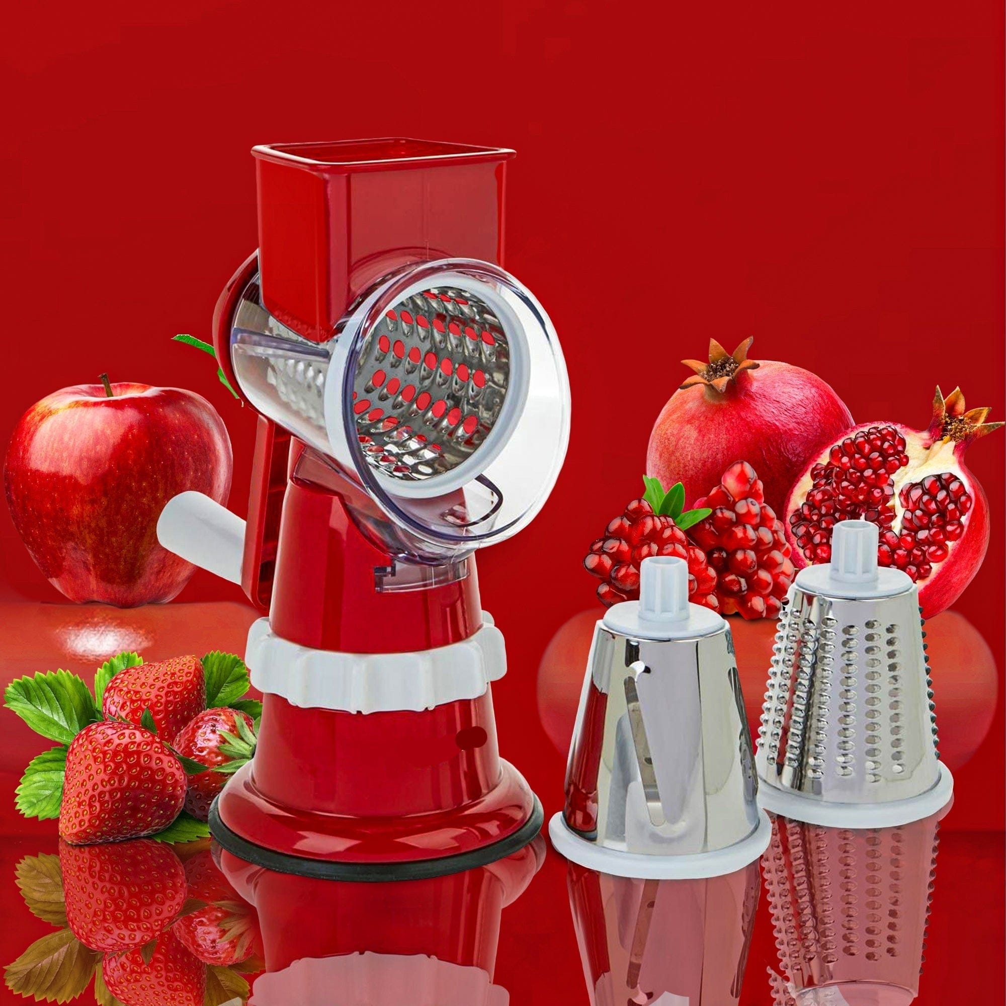 Red manual juicer with attachments on a red background with fruits