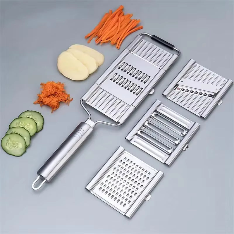 Multifunctional vegetable slicer with different blades on a gray background