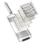 Multi-functional metal tool with various attachments on a white background