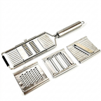 Multi-blade vegetable chopper with different attachments on a white background
