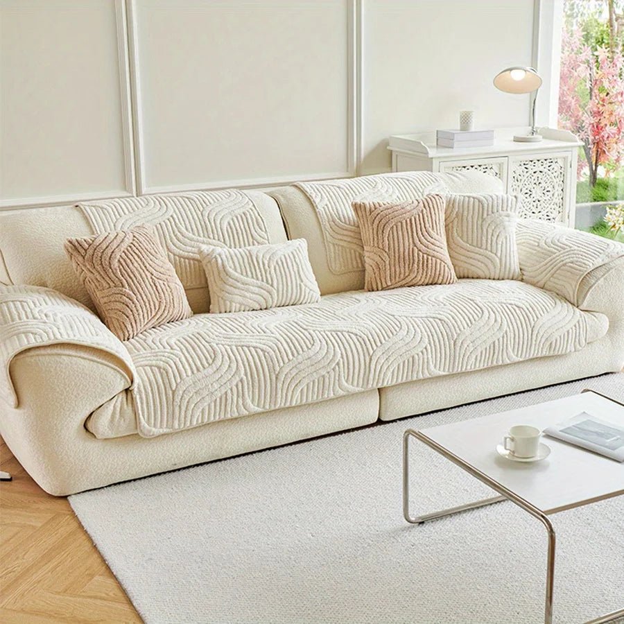 Velvet Sofa Cover - Stylish Non-Slip Protection for Couch, Wave Striped Design 0