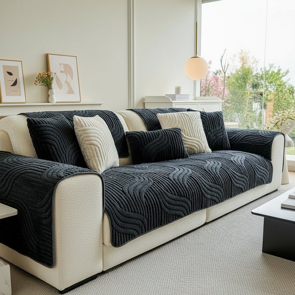 Velvet Sofa Cover - Stylish Non-Slip Protection for Couch, Wave Striped Design 3