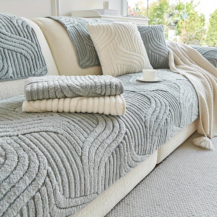 Velvet Sofa Cover - Stylish Non-Slip Protection for Couch, Wave Striped Design 6