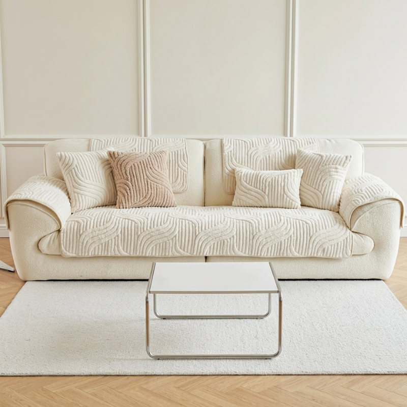 Beige sofa with patterned cushions in a minimalistic living room.