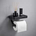 Black bathroom shelf with toilet paper holder and decorative items on a gray background