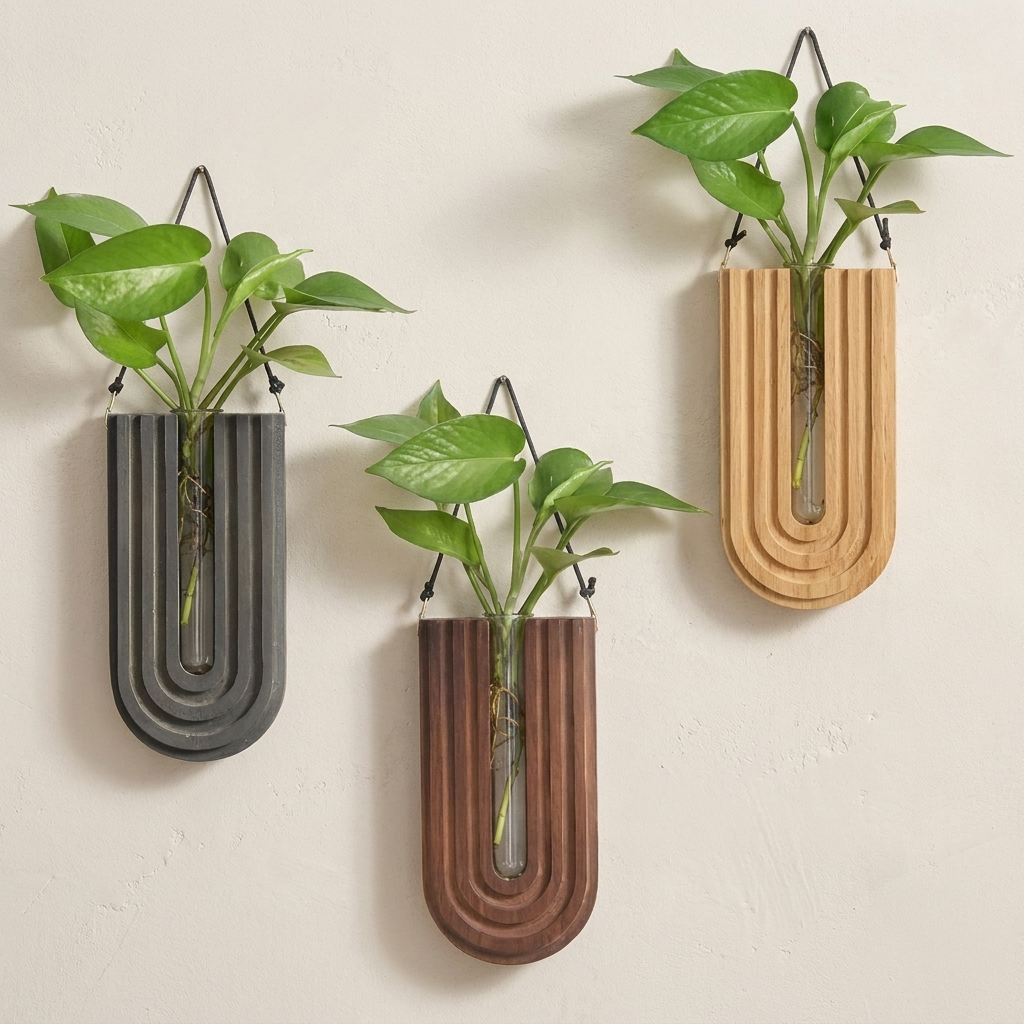 Three wall-mounted planters with plants on a beige wall.