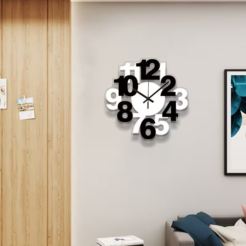 Modern wall clock with black numbers on a light gray wall.