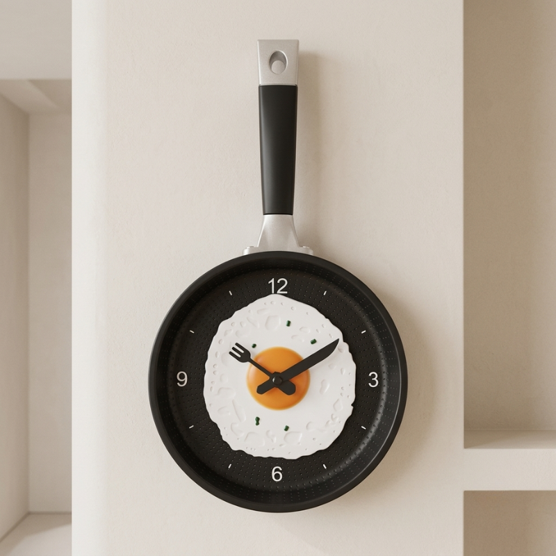 Frypan-shaped wall clock with a design of an egg and face on a beige wall.