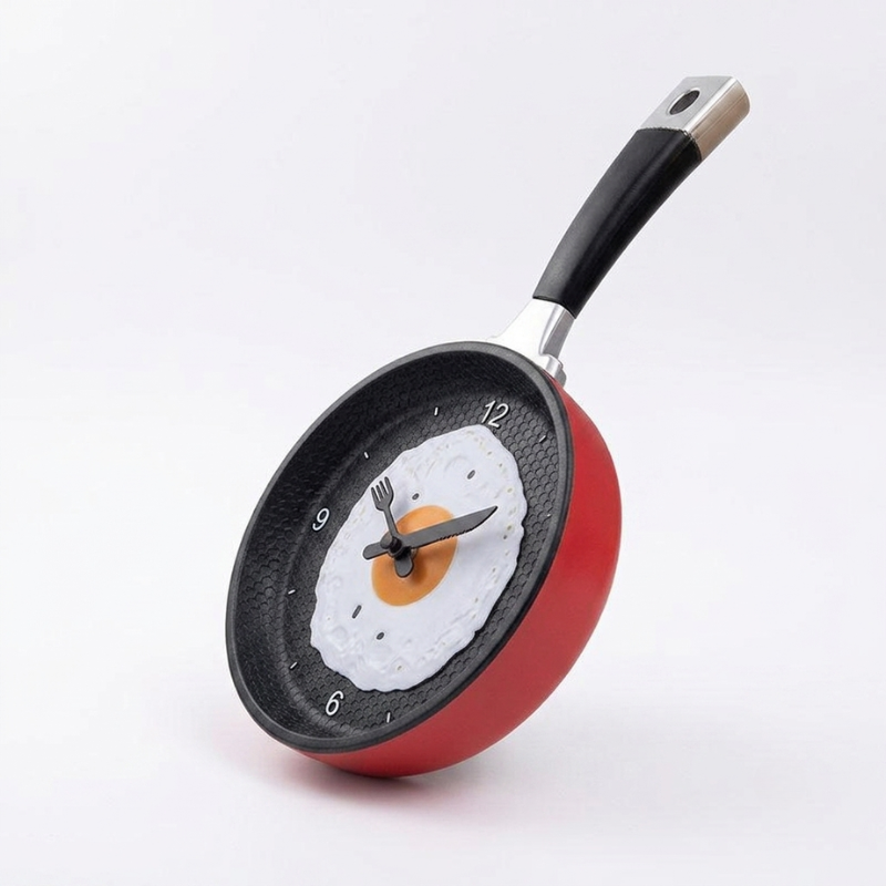 Frypan clock with a design of an egg and utensils on a white background