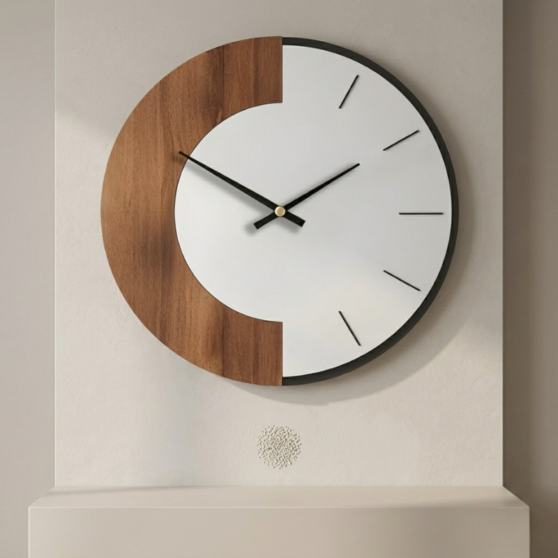 Wall clock with wooden and white design on a neutral wall