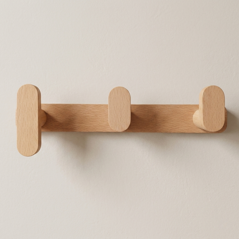 Wooden wall hook with three hooks on a beige background