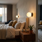 Cozy bedroom with a bed, nightstands, and wall lights.