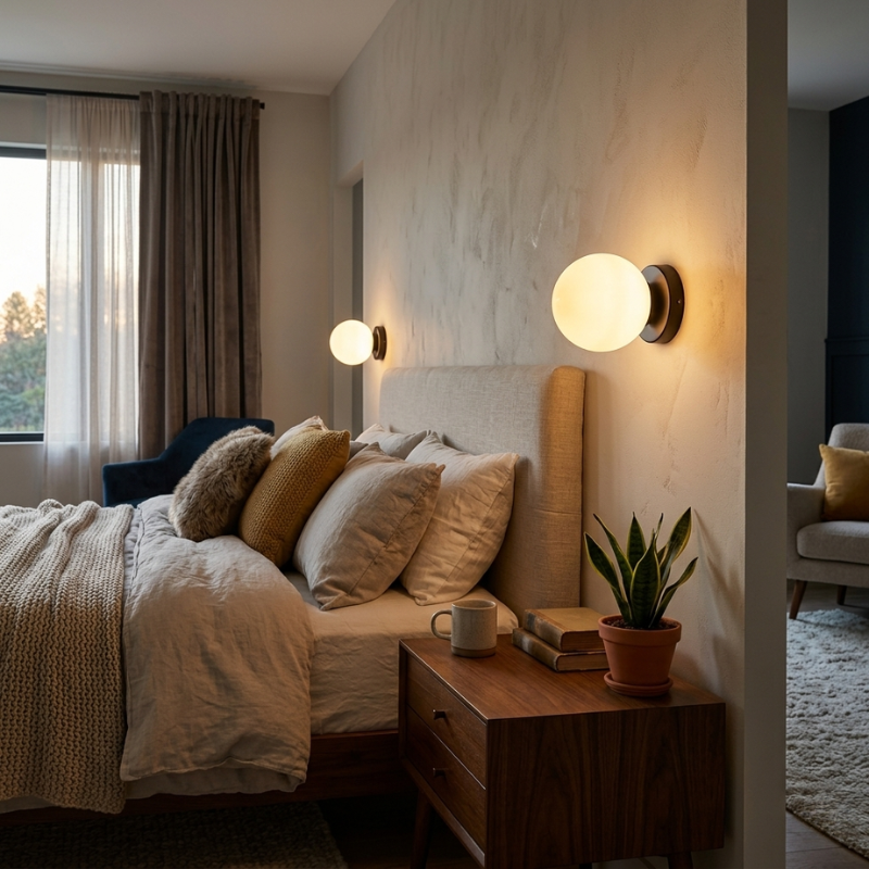Cozy bedroom with a bed, nightstands, and wall lights.