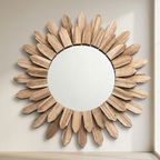Wall Mirror Round Sunburst Solid Wood Natural Finish