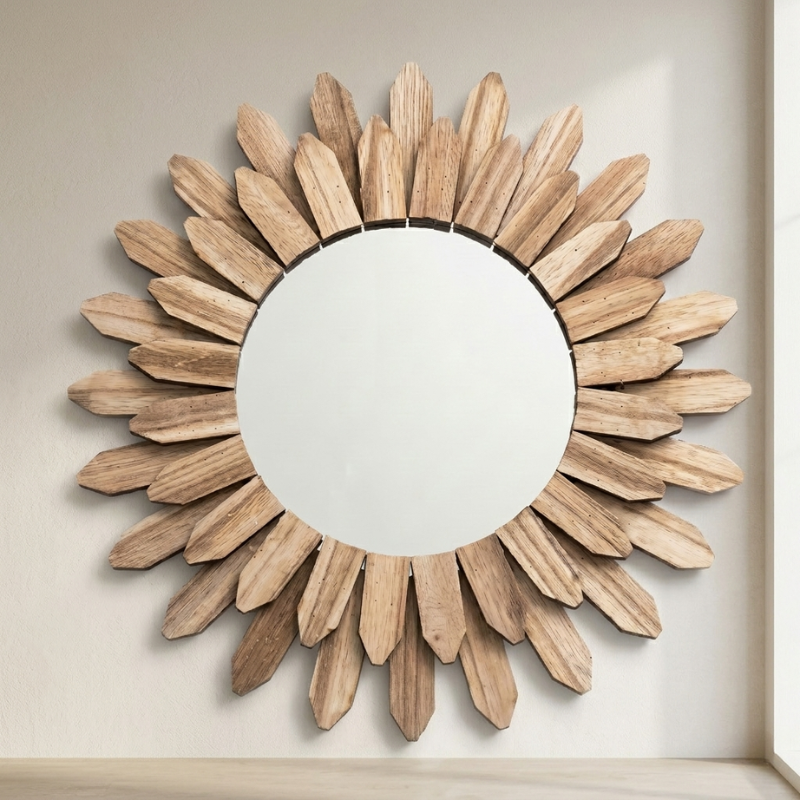 Wall Mirror Round Sunburst Solid Wood Natural Finish