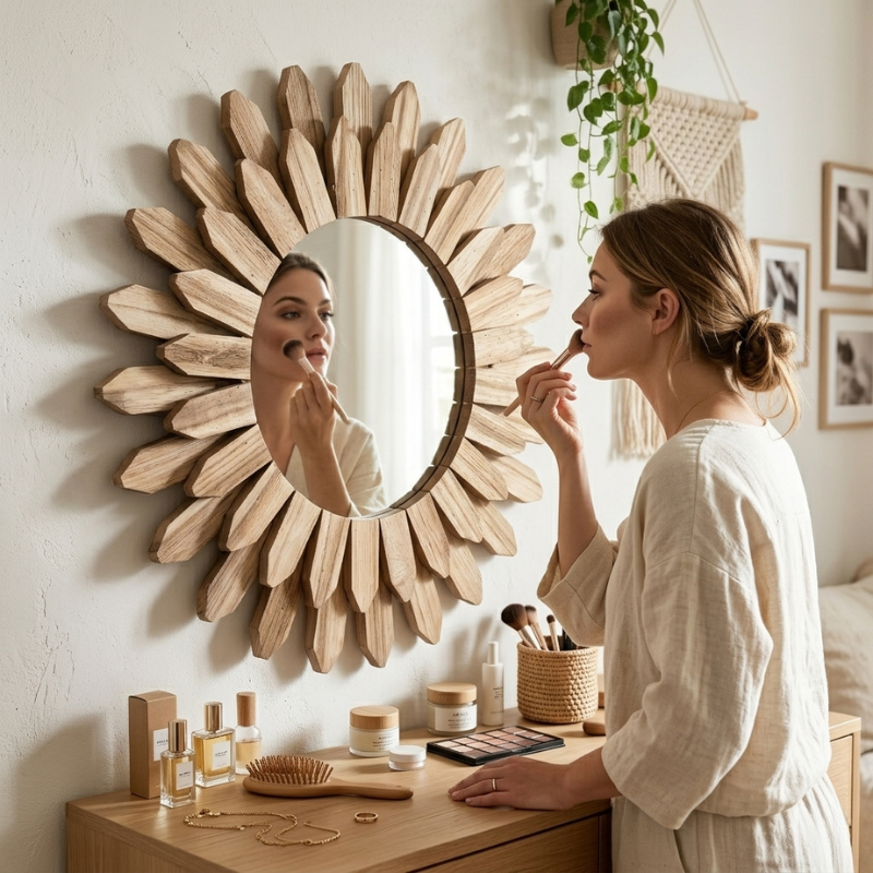 Woman applying makeup in front of a decorative sun-shaped mirror.