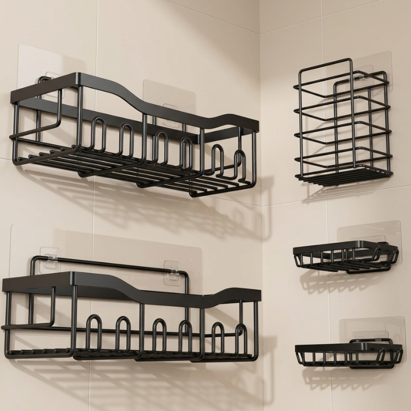 Set of black wall-mounted shelves on a tiled wall