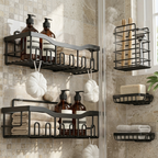 Bathroom shelves with toiletries and towels on a tiled wall.
