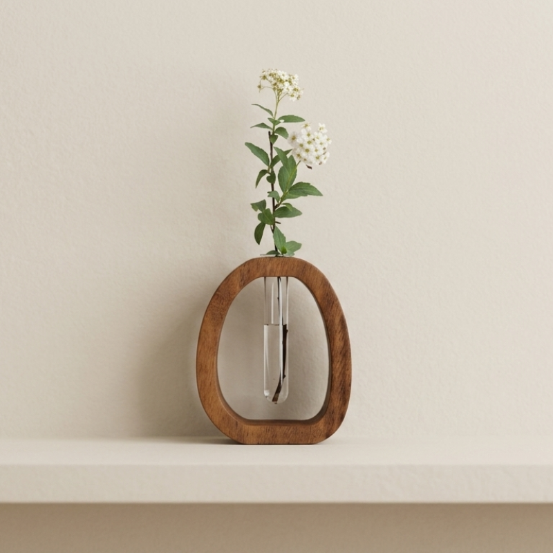 A small oval wooden vase with a clear glass tube center holding a single white flower with green leaves, displayed on a white shelf against a warm beige wall.