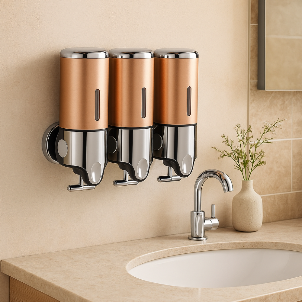 Wall Mounted Soap Dispenser Set - 3 Chamber Hand Soap and Shampoo Storage, Modern Design for Kitchen and Bathroom 1