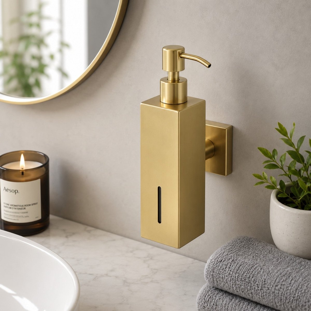 A modern rectangular wall-mounted soap dispenser in brushed gold brass, mounted on a light gray bathroom wall above a marble countertop with a lit candle, folded gray towels, and a small potted plant.