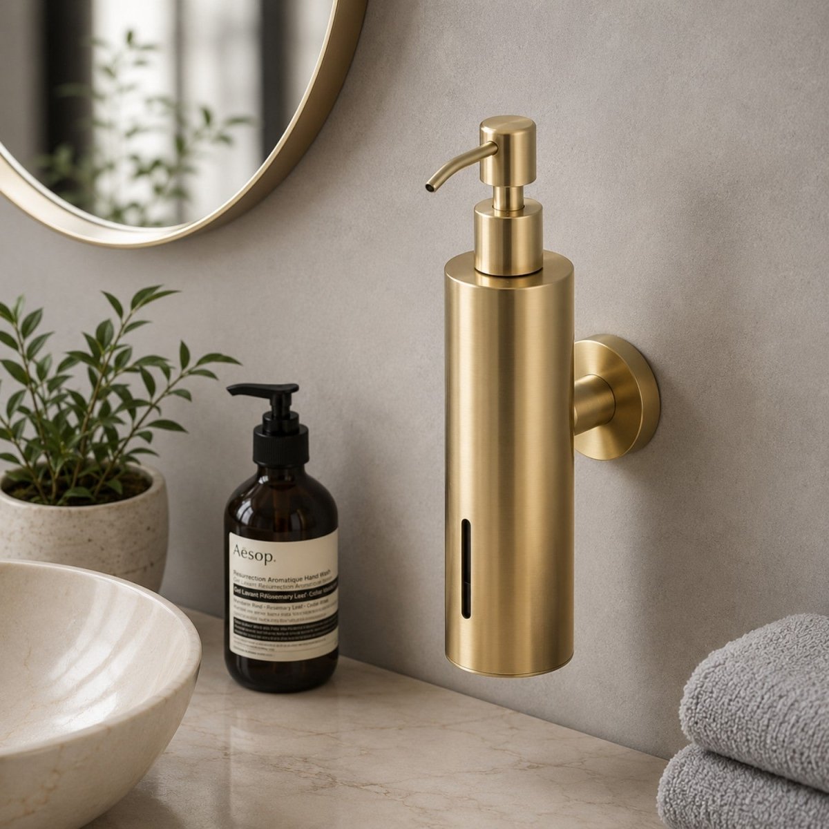 A brushed brass wall-mounted soap dispenser with a pump, shown installed on a bathroom wall beside a sink, a small plant, a dark amber bottle, and folded towels.