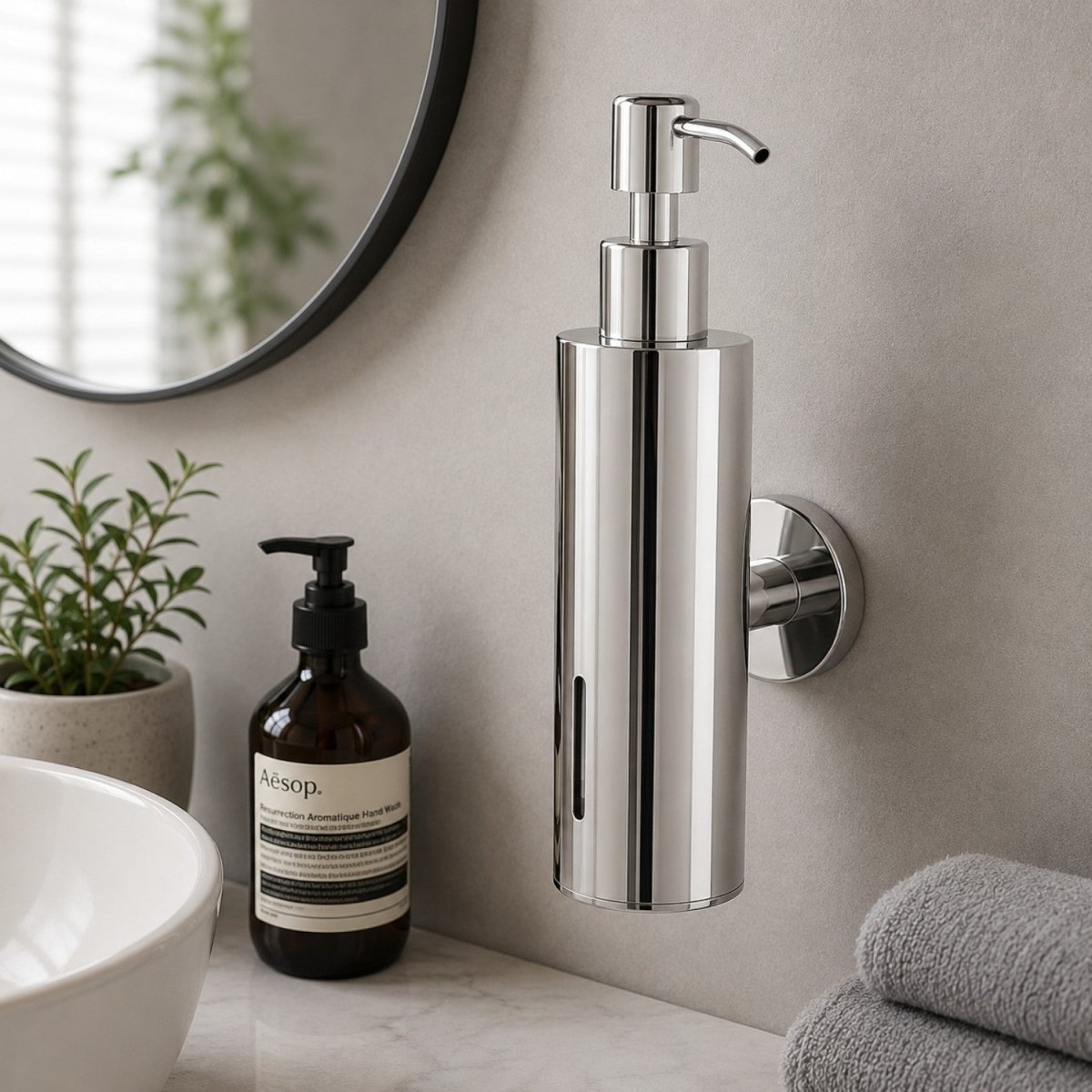 A wall-mounted cylindrical soap dispenser with a polished chrome finish, shown installed on a bathroom wall beside a sink, a small plant, a K&H soap bottle, and folded towels.