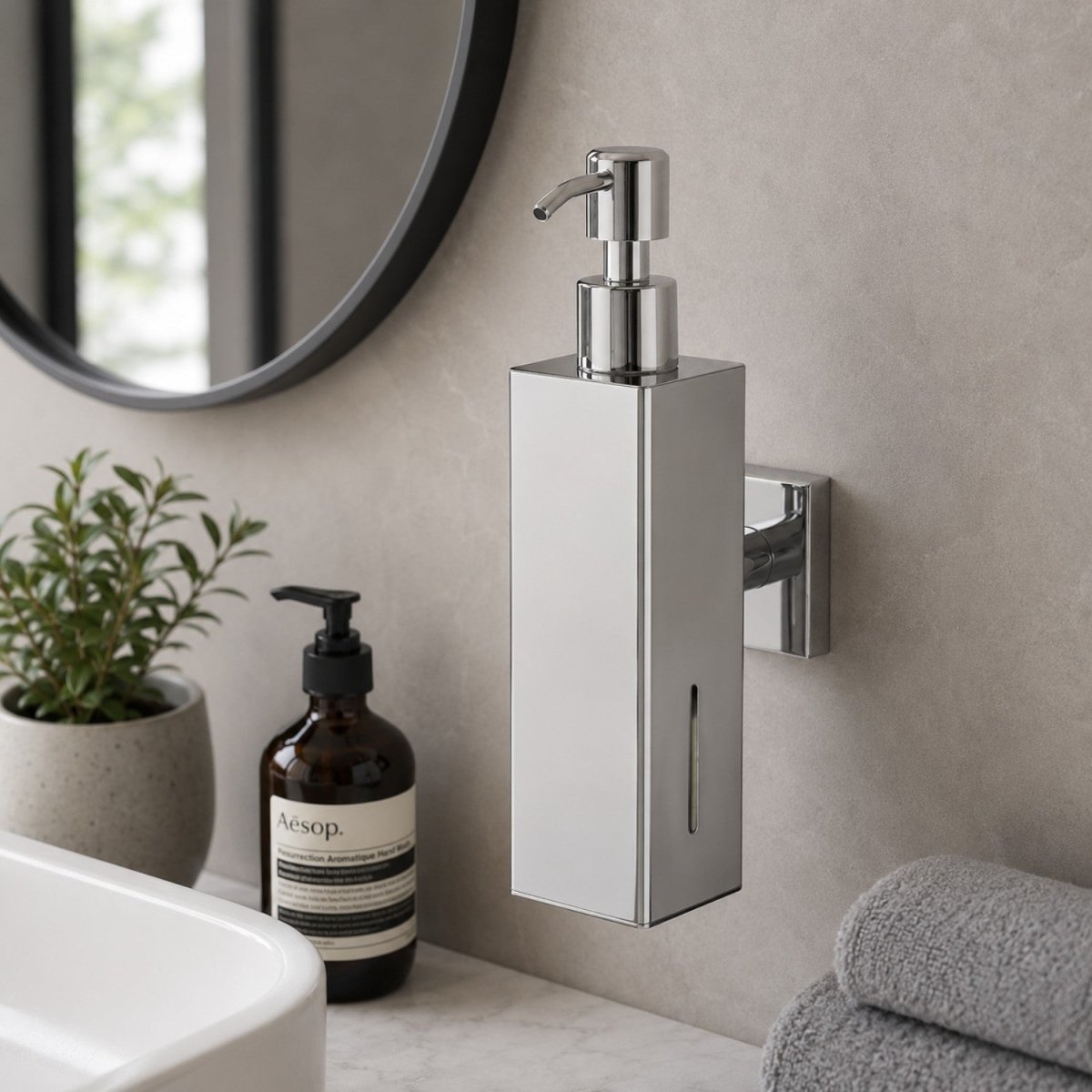 A modern wall-mounted soap dispenser with a brushed silver metallic finish, mounted on a textured beige bathroom wall next to a sink, a small potted plant, and a bottle of Aesop soap.