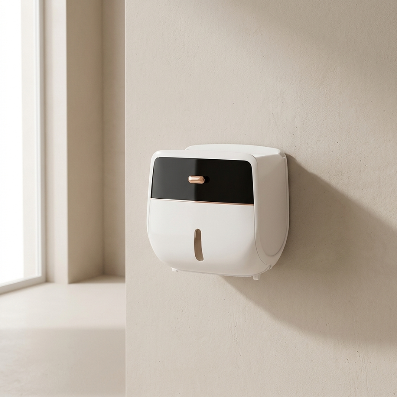 White and black wall-mounted device on a beige wall with a window in the background