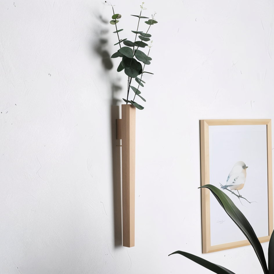 Decorative wall art with a plant and framed picture on a white wall