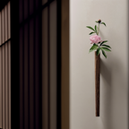 Pink flower in a wooden vase against a neutral wall