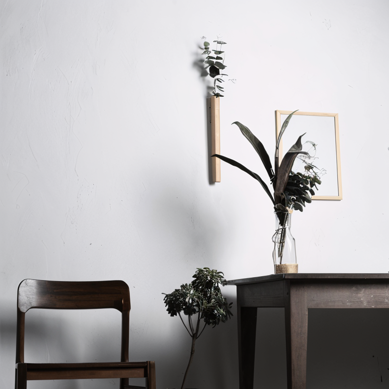 Minimalist interior with a dark wooden chair, table, and plants against a white wall.