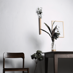 Minimalist interior with a dark wooden chair, table, and plants against a white wall.