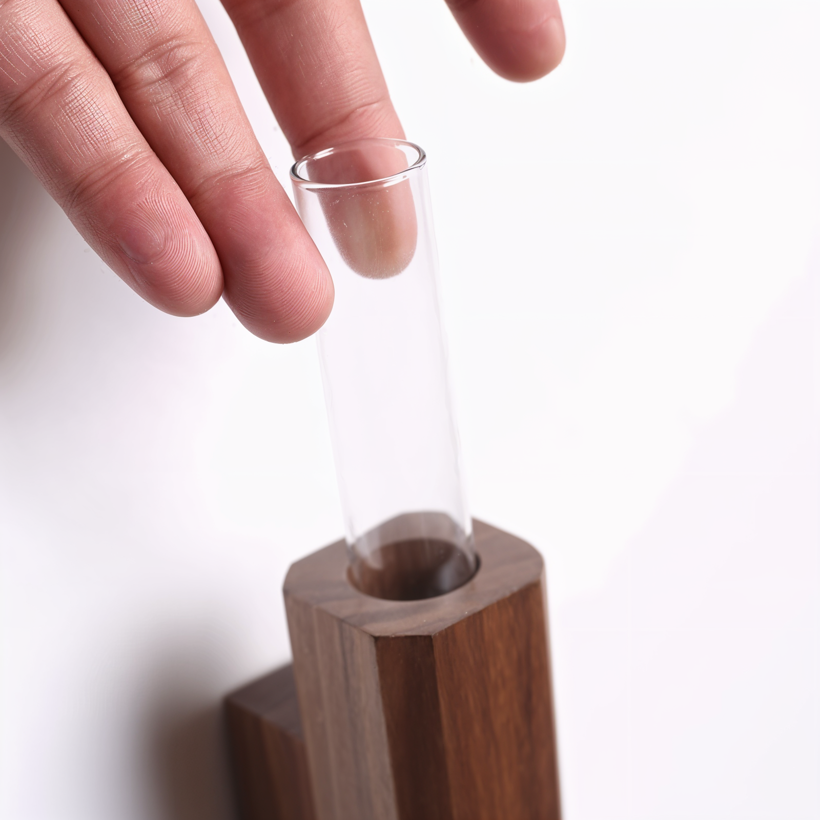 Hand holding a clear glass tube with a wooden base on a white background