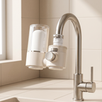 Modern kitchen faucet with water filter attachment on a tiled wall background