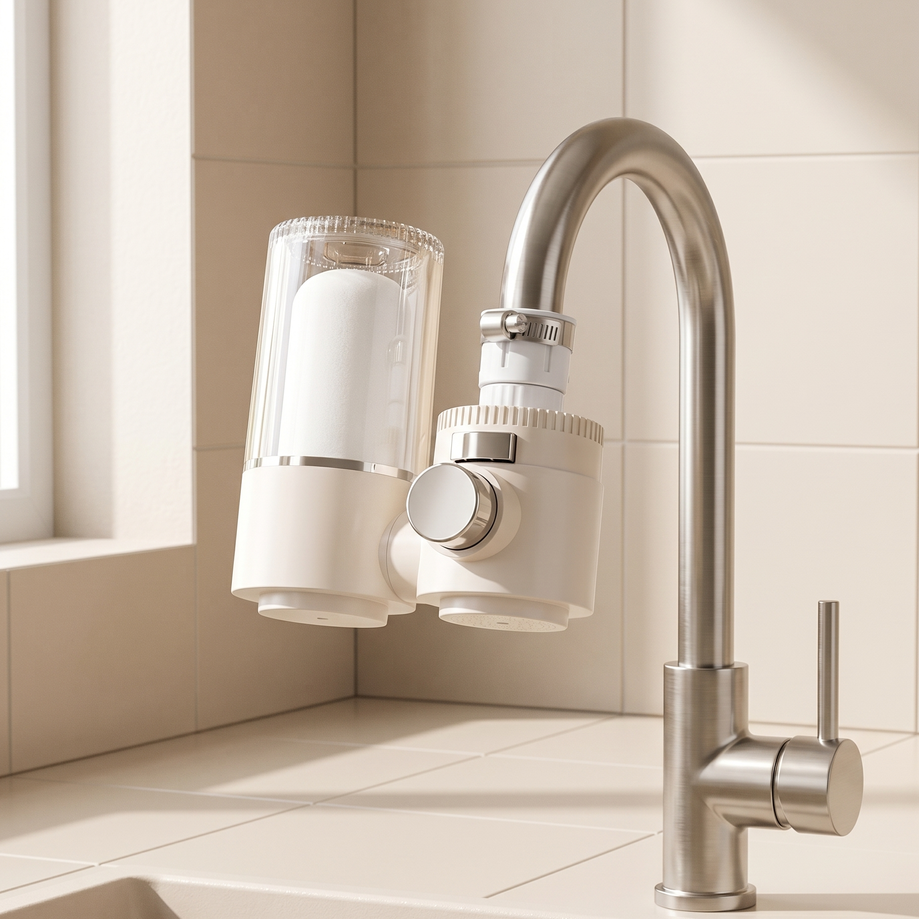 Modern kitchen faucet with water filter attachment on a tiled wall background