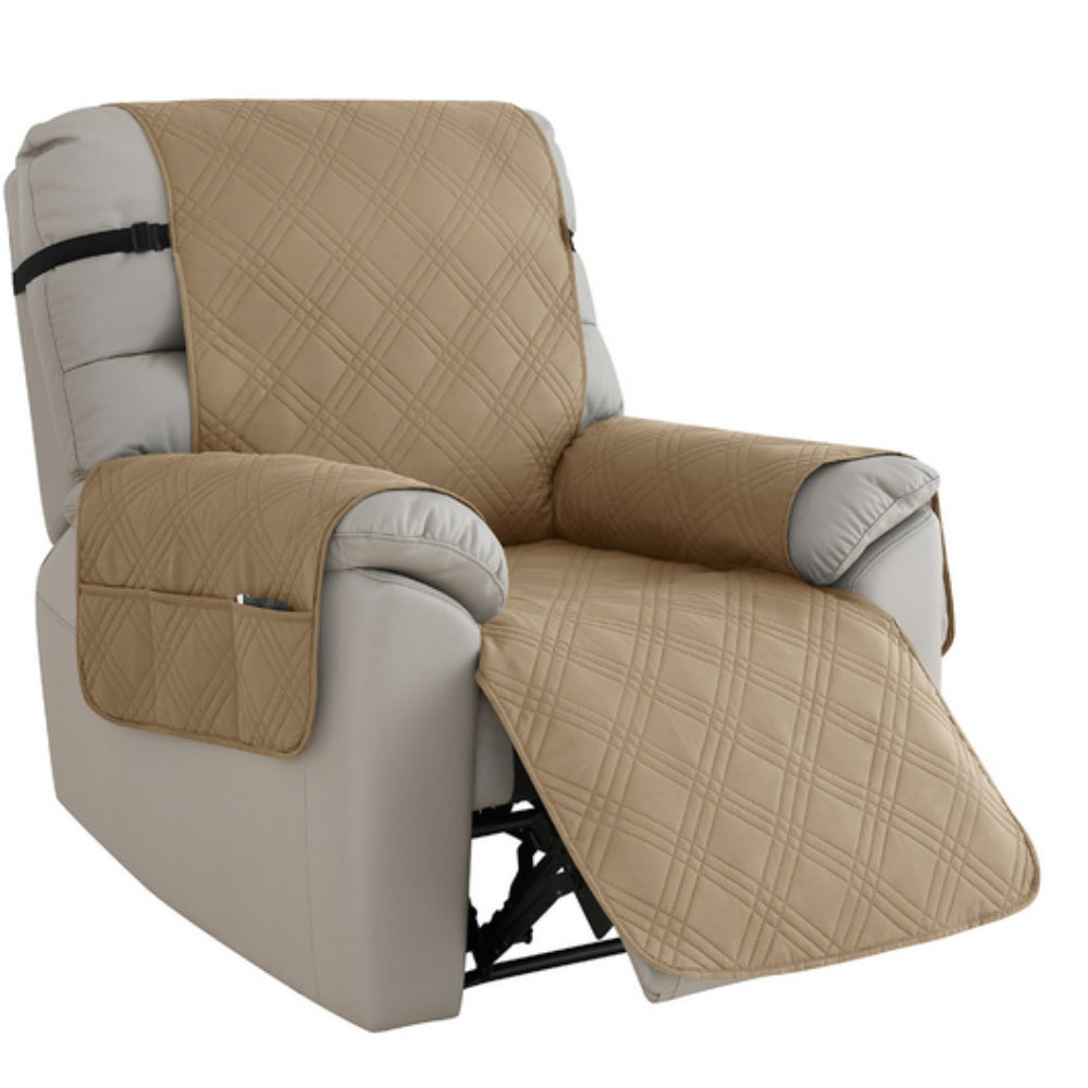 Beige quilted recliner cover on a white background
