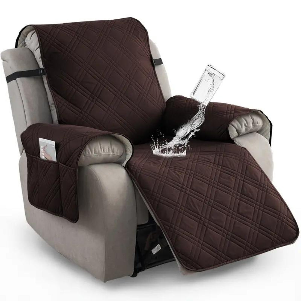 Brown quilted chair cover protecting a gray recliner from water spillage.