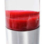 Red and silver cylindrical container on a white background