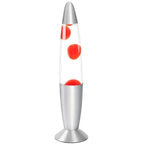 Lava lamp with red and clear sections on a white background
