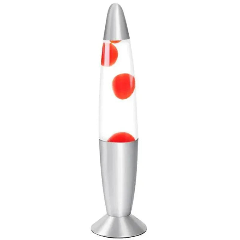 Lava lamp with red and clear sections on a white background