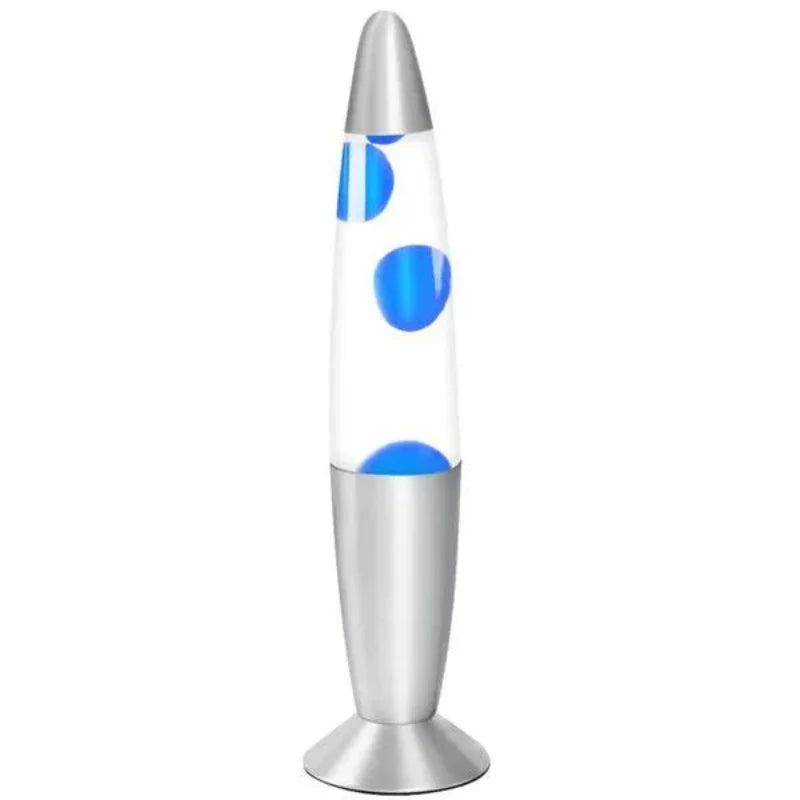 Lava lamp with blue liquid and silver base on a white background