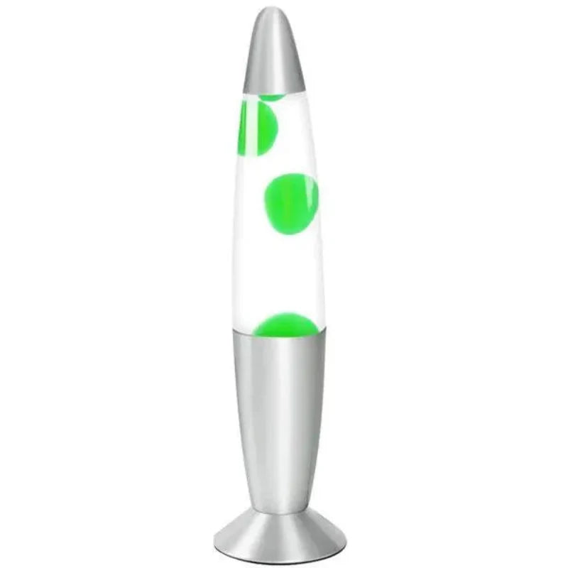 Lava lamp with green liquid and silver base on a white background