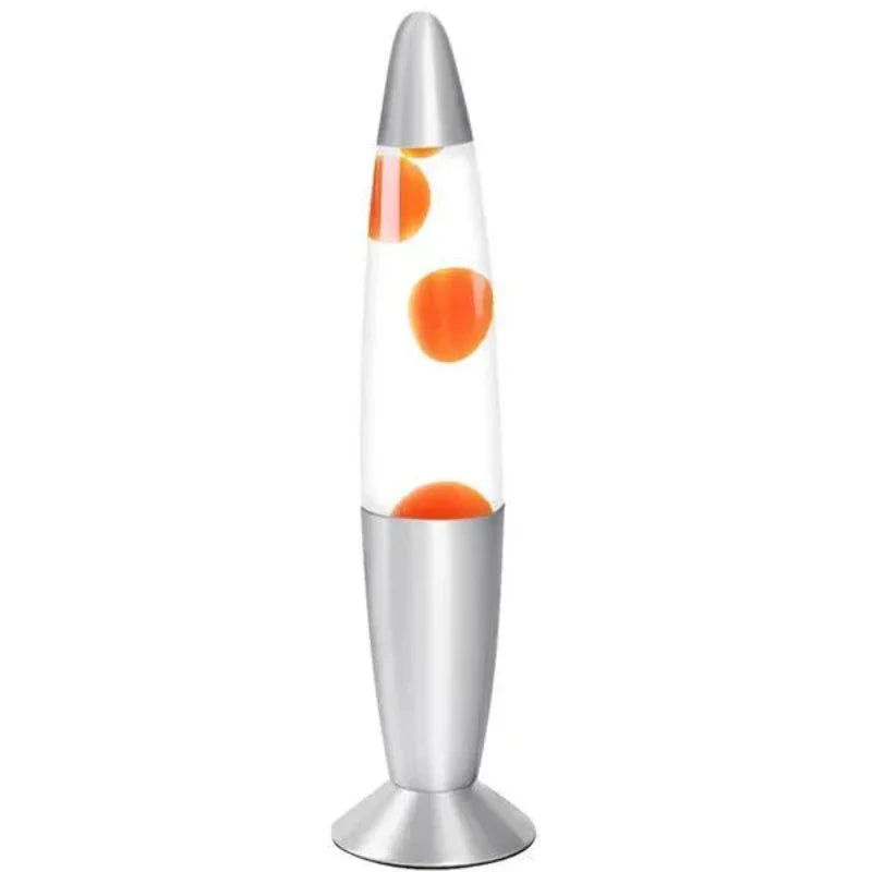 Lava lamp with orange and silver design on a white background