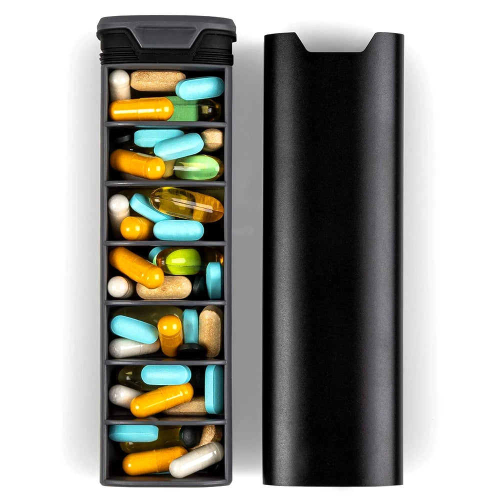 Weekly Pill Organizer - 7 Compartment Durable Aluminum & Wood Case 2