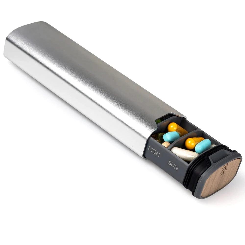 Weekly Pill Organizer - 7 Compartment Durable Aluminum & Wood Case 7